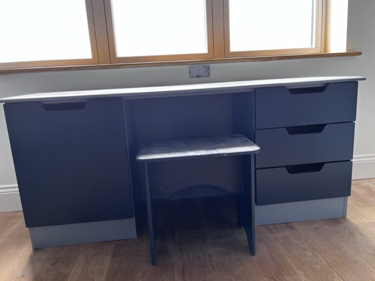 Grey desk with 3 drawers and cupboard