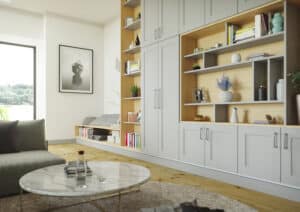 Caraway painted oak light grey cabinet and shelving unit for living room