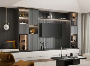 Stockholme grey media wall with cabinets and wall mounted television