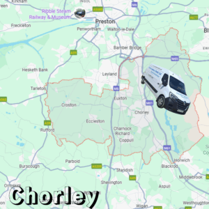 A map showing chorley with a Creative Joinery van on it