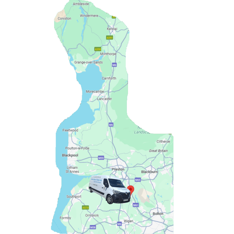Map showing approximate service area for bespoke fitted furniture across Lancashire and nearby regions