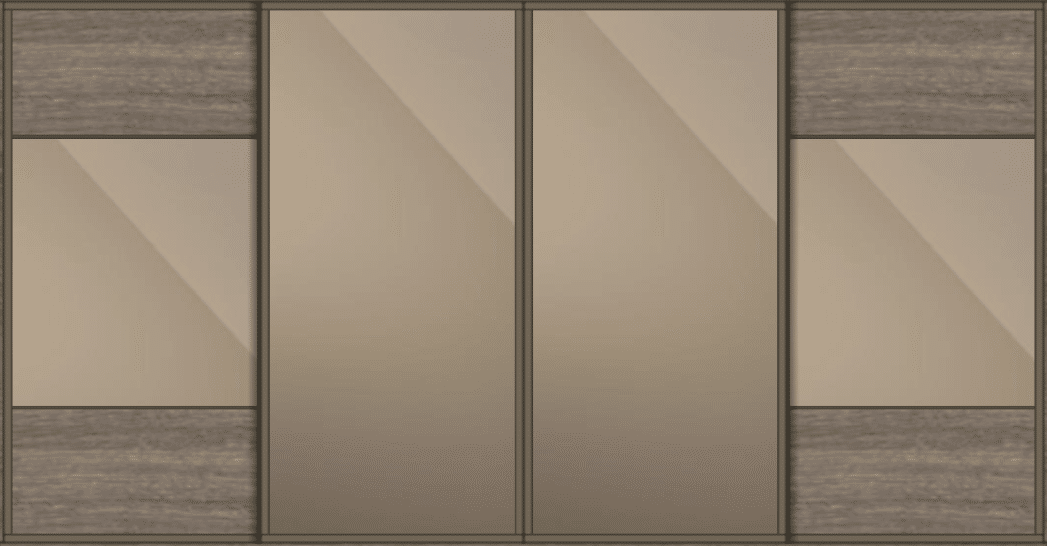 Rendered example of Element sliding door wardrobe design with satin bronze aluminium frames and oak panels.