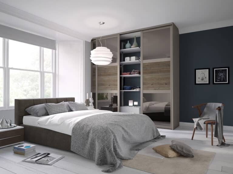 Pebble Grey Shaker sliding door wardrobe with Bronze Tinted Mirror and Truffle Brown Davos Oak panel
