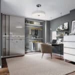 example or custom sliding door wardrobe with grey tinted mirrors and silver frame.