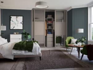 4 door sliding wardrobe, pebble bronze , with mirror panels. Open to show rails, shelves, and drawers