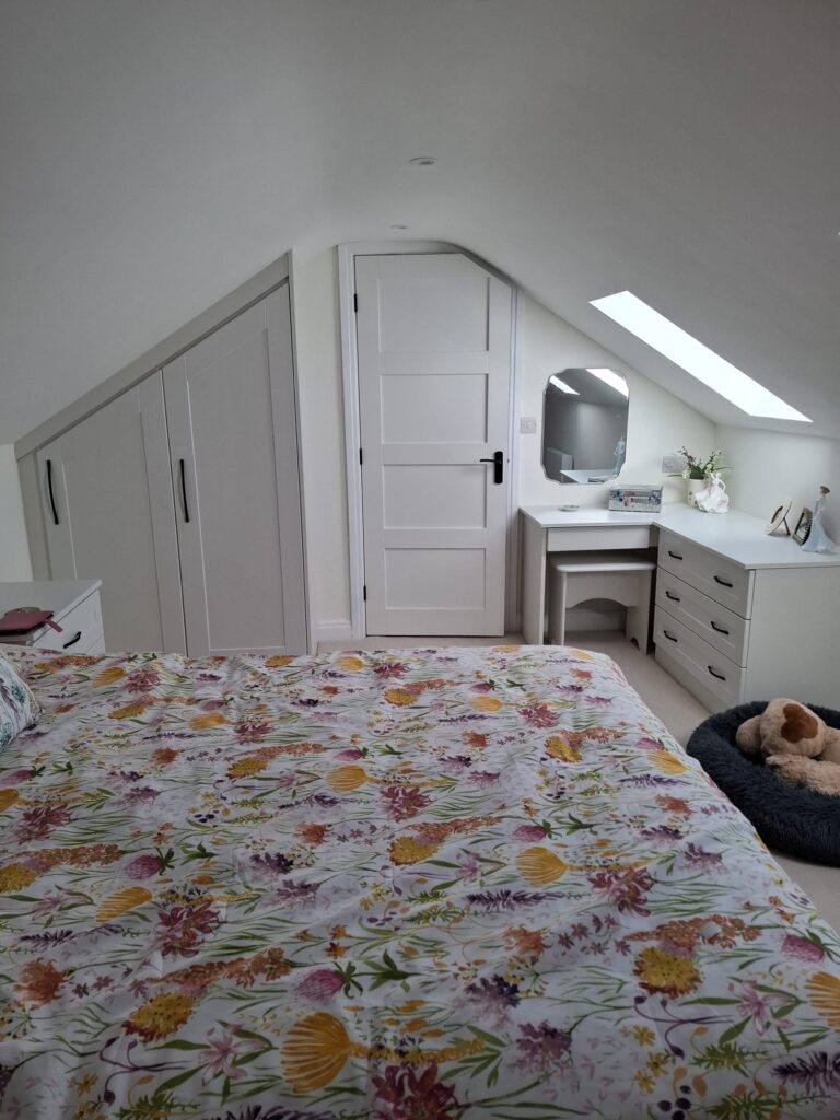 2 door angled wardrobe - white colour with corner desk and drawers