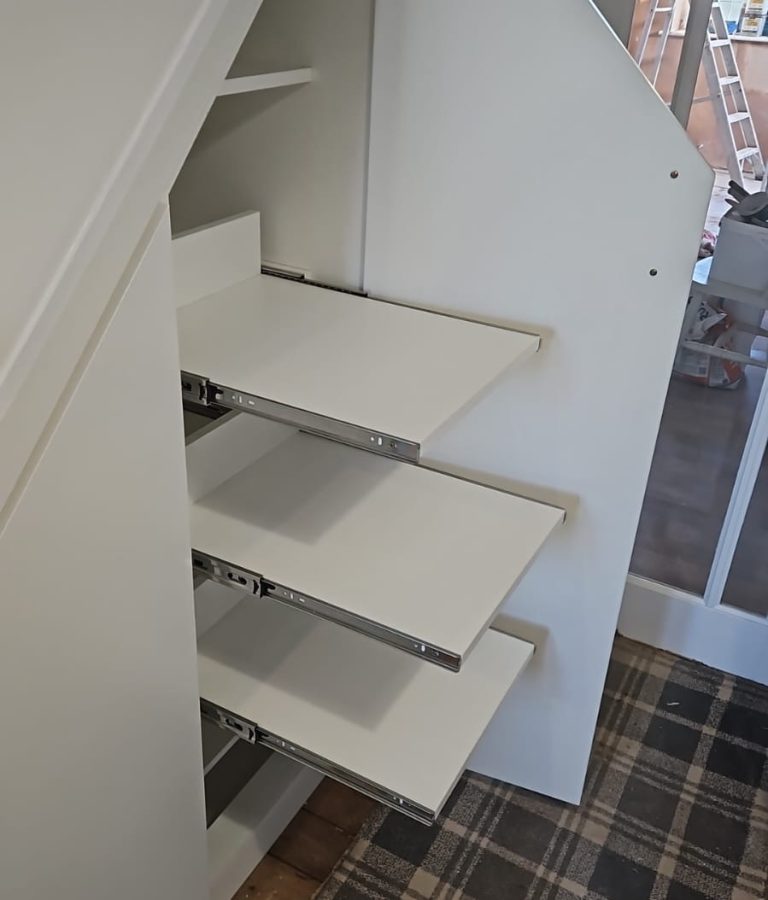 Pull-out wardrobe shoe rack for easy-access footwear organisation.