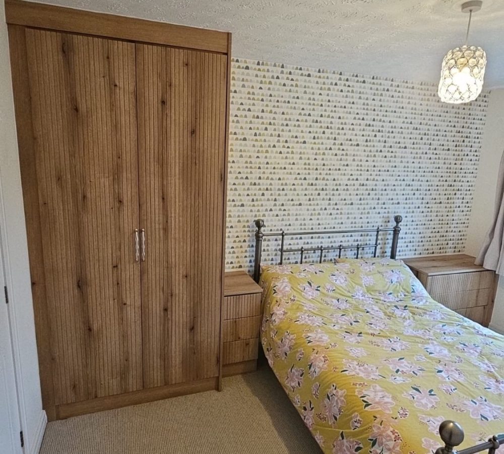 2 door wood wardrobe with silver handles