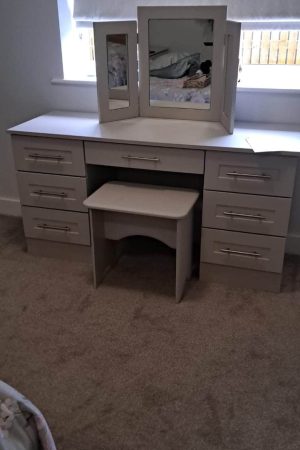 Bespoke fitted dressing table with matching stool and triple mirror, handcrafted by Creative Joinery Chorley.